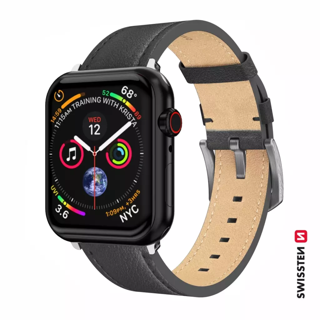 Obrázek produktu Swissten řemínek Apple Watch kožený 42–49 mm, černý (stříbrná spona) 