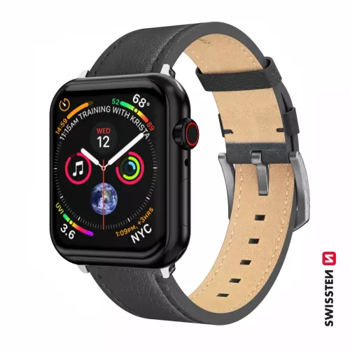 obrázek produktu Swissten řemínek Apple Watch kožený 42–49 mm, černý (stříbrná spona) 