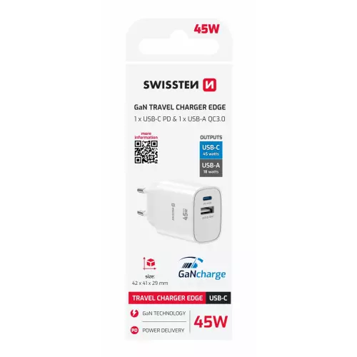 obrázek produktu Swissten adaptér Edge GaN 45W, bílý  