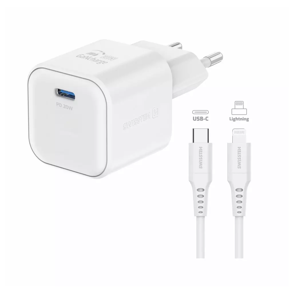Obrázek produktu Swissten GaN adaptér 20W + Lightning kabel, bílý 