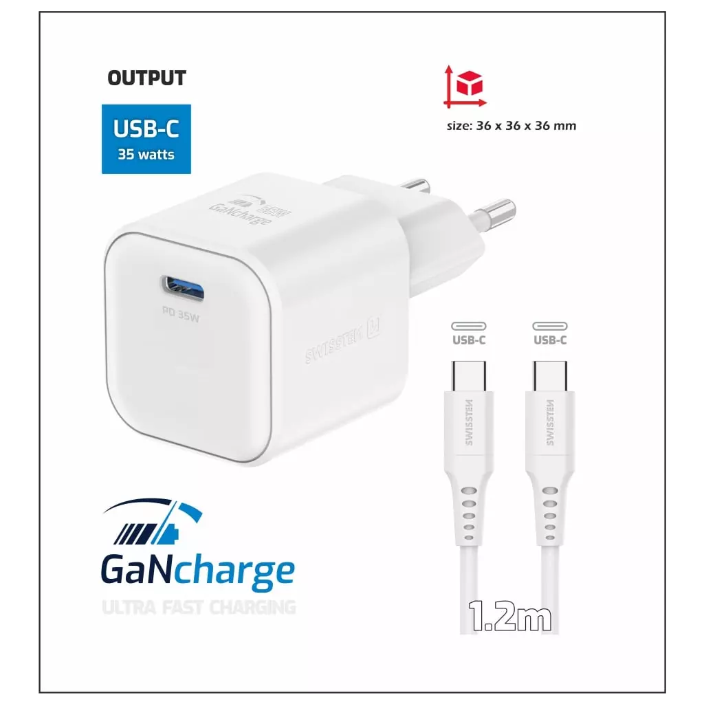 Obrázek produktu Swissten GaN adaptér 35W + USB-C kabel, bílý 