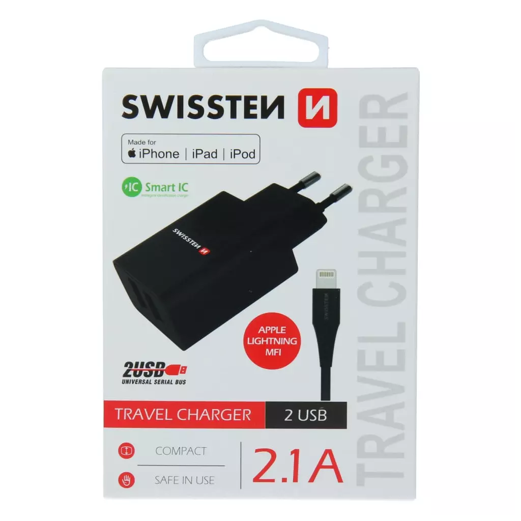 Obrázek produktu Swissten adaptér Smart IC 2× USB + Lightning MFi, černý 