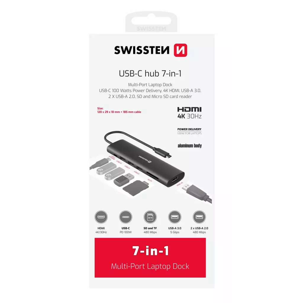 Obrázek produktu Swissten USB-C hub 7v1, aluminium 