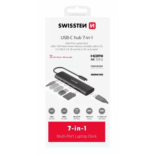 obrázek produktu Swissten USB-C hub 7v1, aluminium 