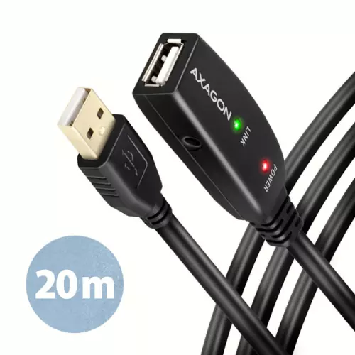 obrázek produktu AXAGON ADR-220, USB 2.0 A-M -> A-F aktivní prodlužovací / repeater kabel, 20m - černá