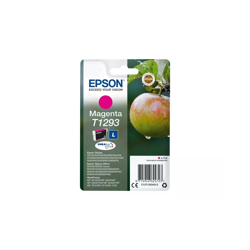 Obrázek produktu Epson T1293 Magenta 7ml pro Stylus SX420W/SX425W/SX525WD/SX620FW, Stylus Office BX305F/BX320FW/BX525WD/BX625FWD - originální - purpurová/magenta