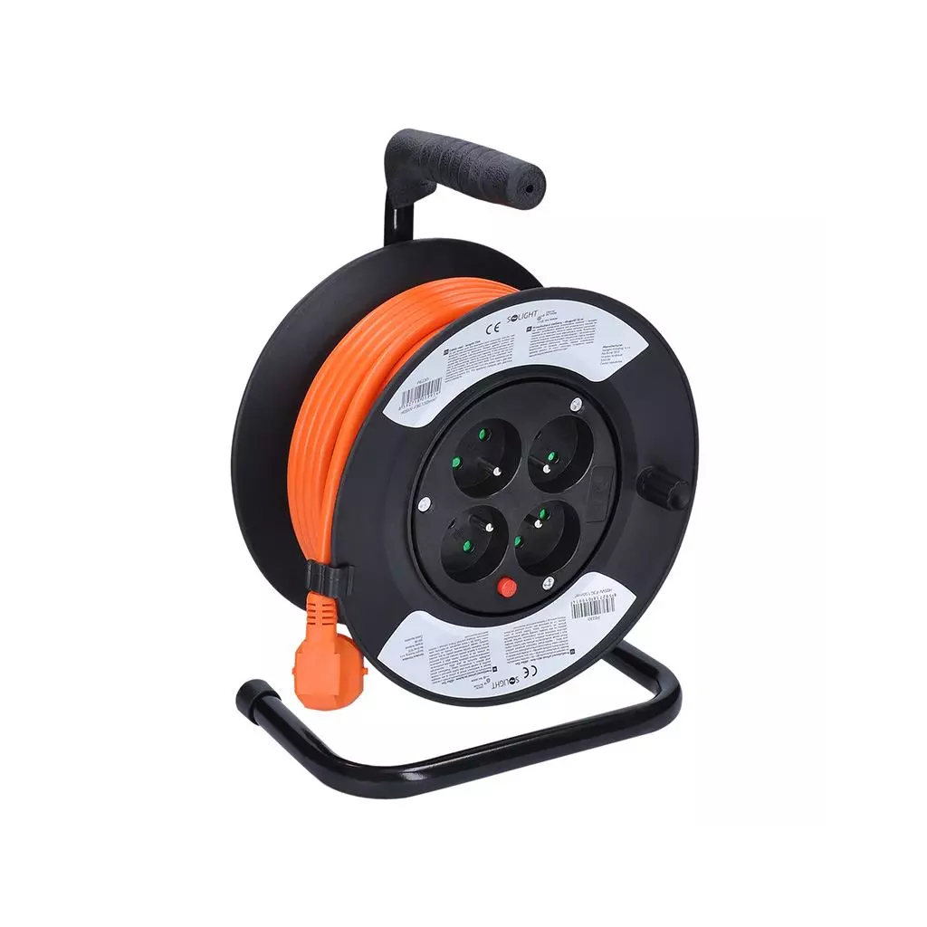 Obrázek produktu Solight prodlužovací přívod na bubnu, 4 zásuvky, 15m, oranžový kabel, 3x 1,5mm2