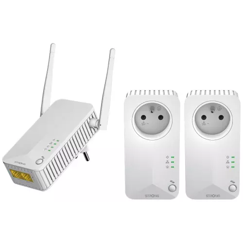 obrázek produktu Strong sada 3x adaptérů Powerline WF 600 TRI FR/ Powerline 600 Mbit/s/ Wi-Fi 300 Mbit/s/ 2x LAN/ bílý