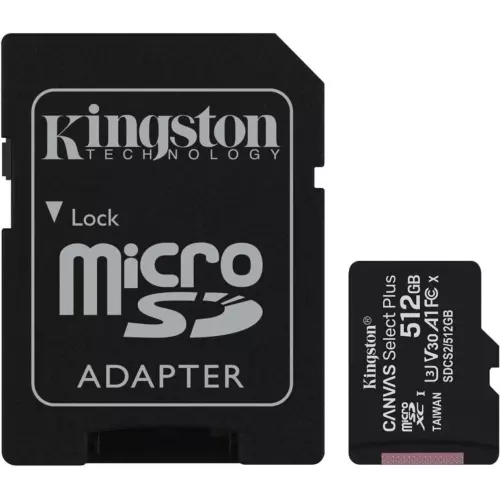 obrázek produktu Kingston microSDXC 512GB Canvas Select Plus, UHS-I, U3, V30, čtení 100 MB/s, zápis 85MB/s) + SD adaptér