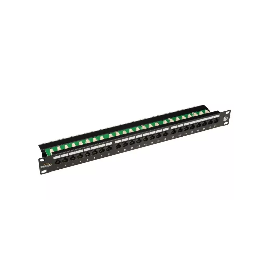 Obrázek produktu SOLARIX patch panel, CAT6, 24 x RJ45 , UTP, s vyvazovací lištou, černý, 1U