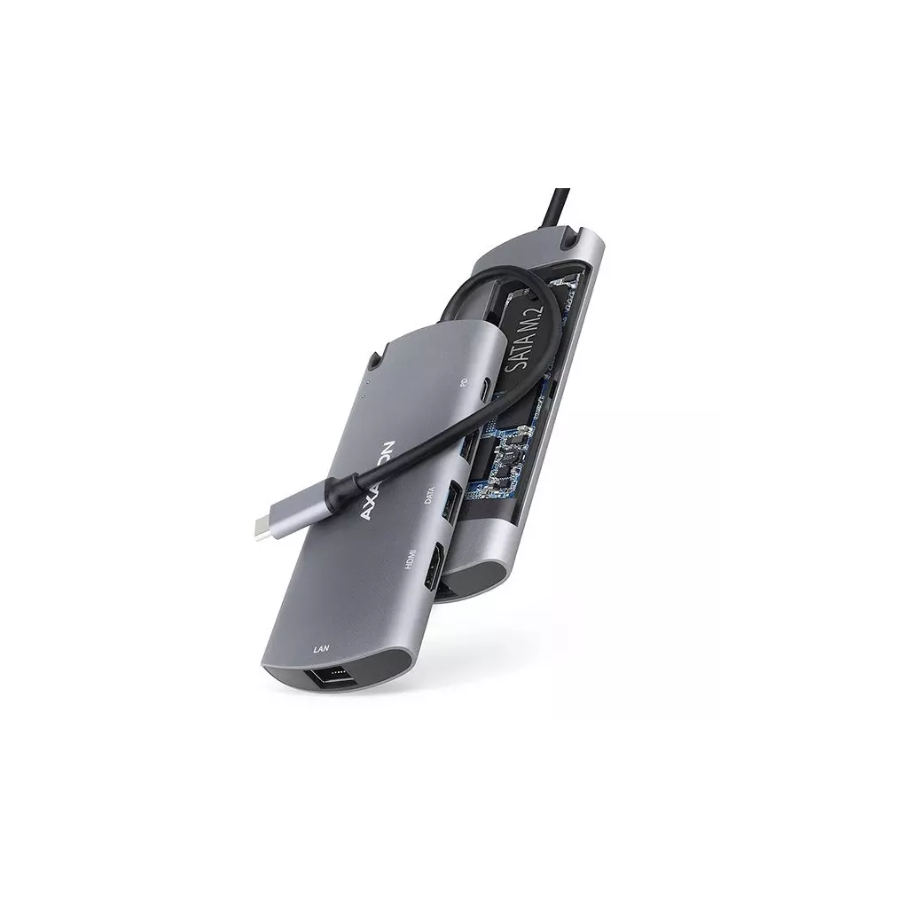Obrázek produktu AXAGON HMC-6M2, USB 3.2 Gen 1 hub, porty 2x USB-A, HDMI, M.2 - stříbrná