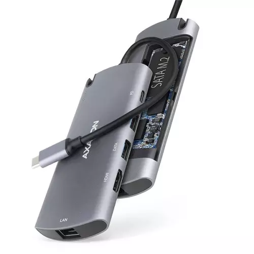 obrázek produktu AXAGON HMC-6M2, USB 3.2 Gen 1 hub, porty 2x USB-A, HDMI, M.2 - stříbrná