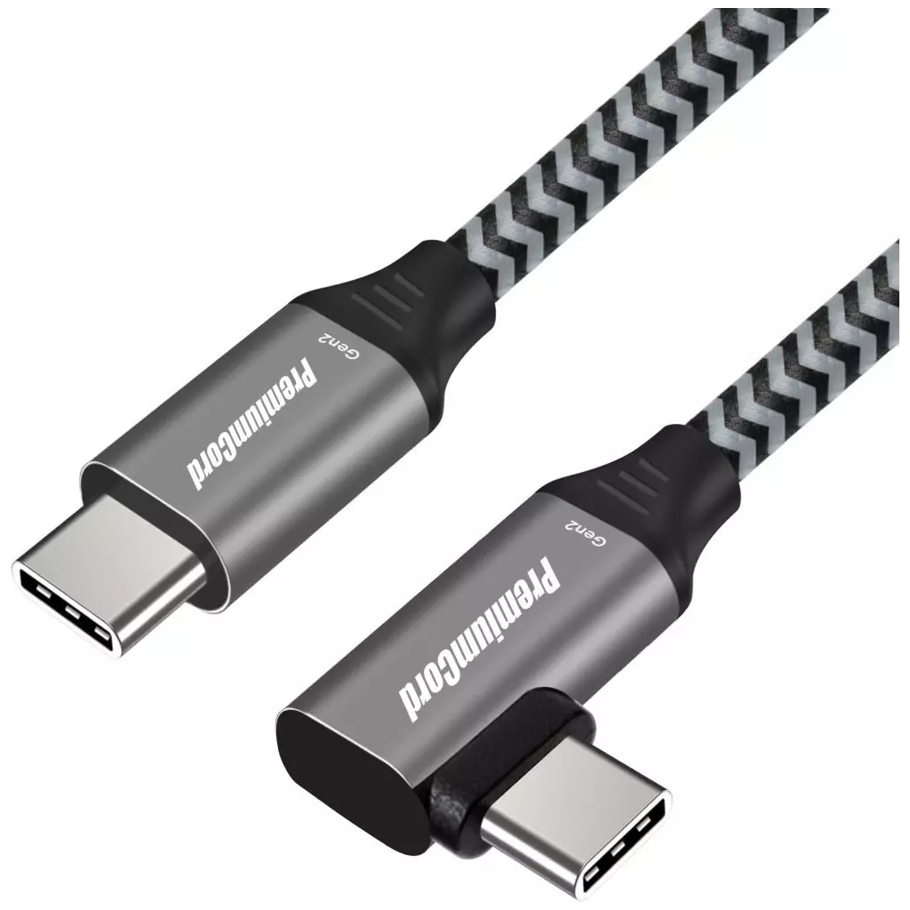 Obrázek produktu PremiumCord USB-C zahnutý kabel ( USB 3.2 GEN 2x2, 5A, 100W, 20Gbit/s ) 2m hliníkové krytky konektorů, bavlněný oplet