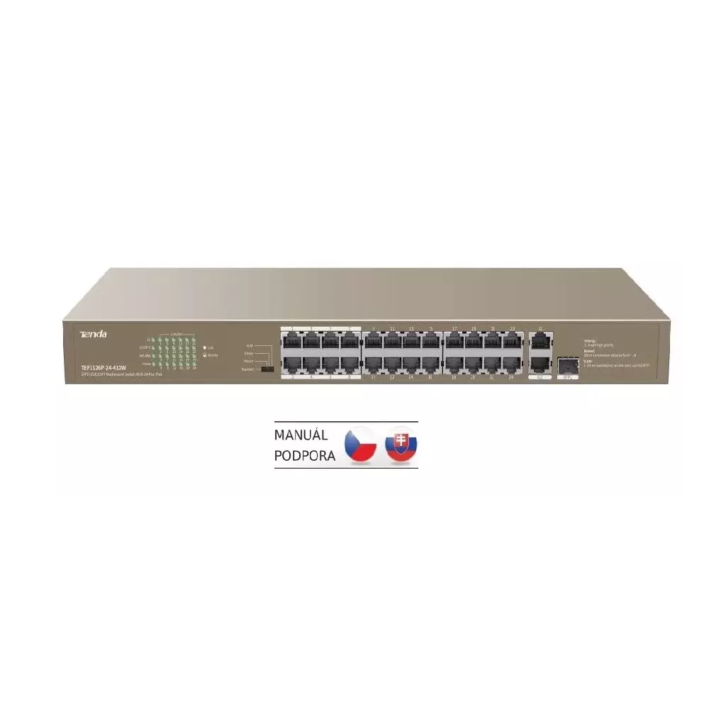 Obrázek produktu Tenda TEF1126P-24-410W PoE AF / AT switch - 24x PoE 100 Mb/s + 2x Uplink 1Gb/s RJ45/SFP,PoE+ 370W