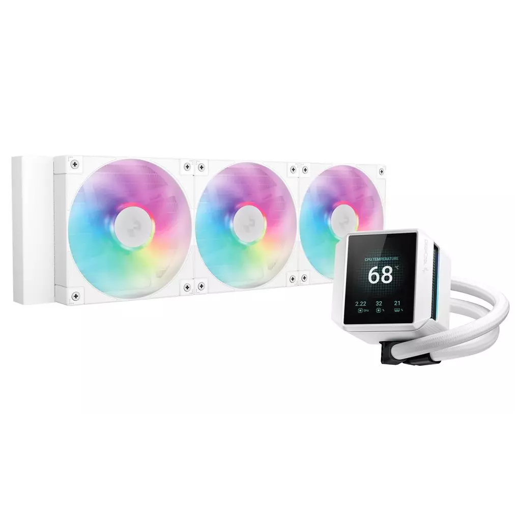 Obrázek produktu DEEPCOOL vodní chladič MYSTIQUE 360 ARGB / 3x120mm ARGB fan / dig. displej / Intel i AMD / bílý