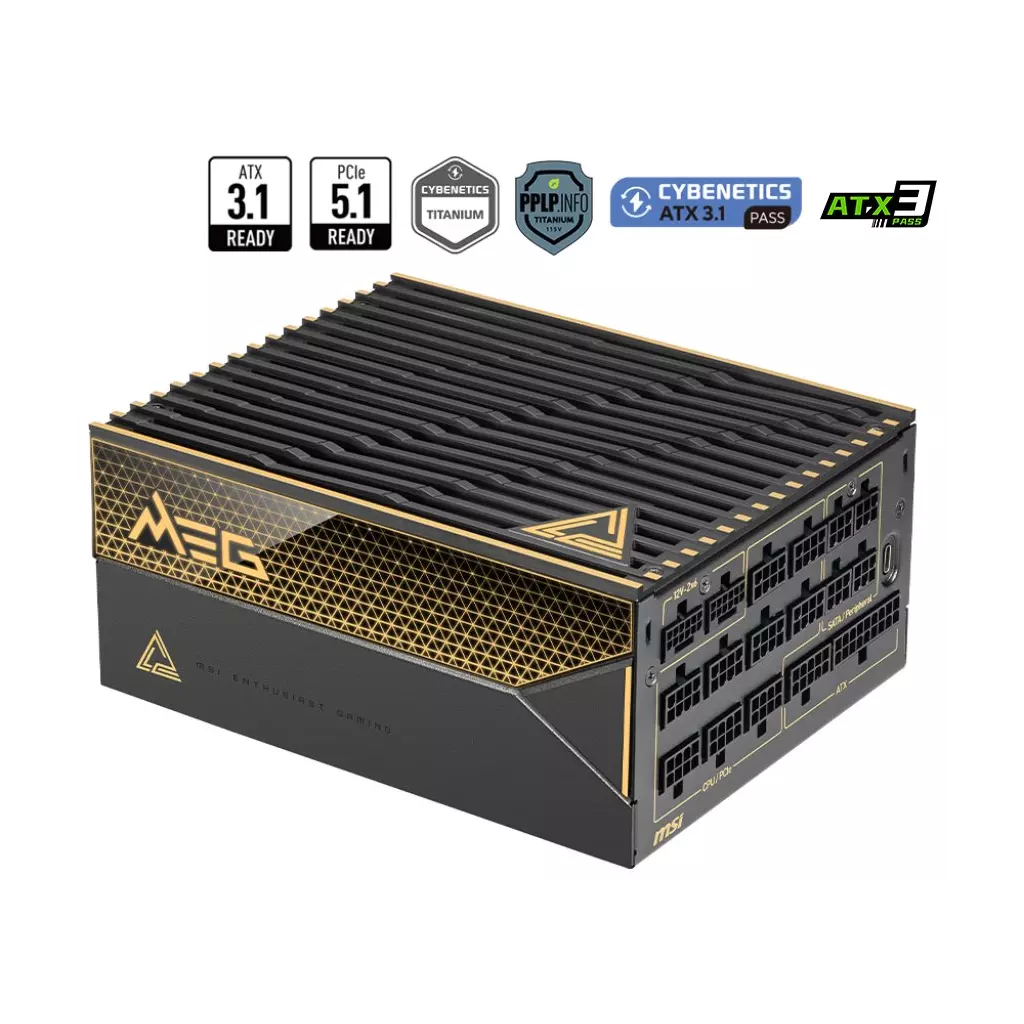 Obrázek produktu MSI zdroj MEG Ai1600T PCIE5/ 1600W/ ATX3.1/ akt. PFC/ 12 let celk. záruka/ 135mm fan/ modulární kabeláž/ 80PLUS Titaniu