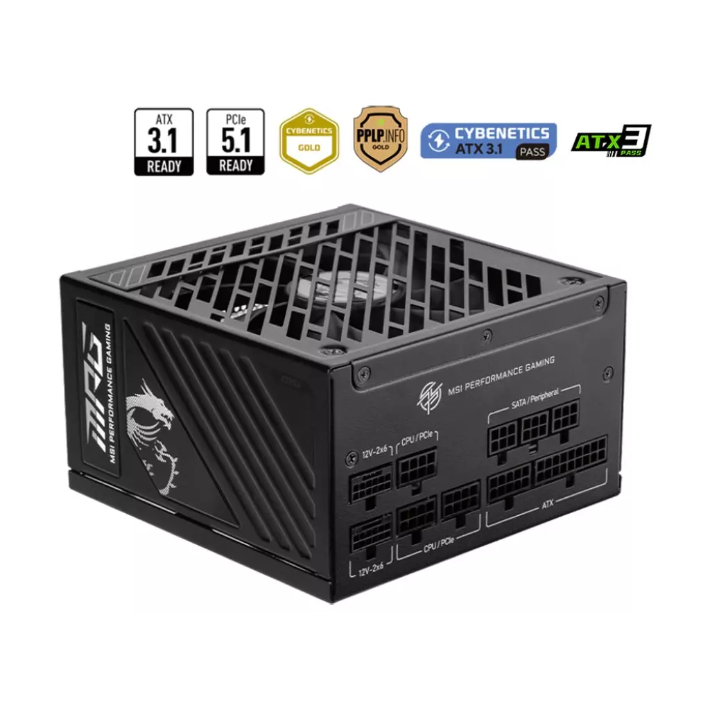 Obrázek produktu MSI zdroj MPG A1000GS PCIE5/ 1000W/ ATX3.1/ akt. PFC/ 10 let celk. záruka/ 135mm fan/ modulární kabeláž/ 80PLUS Gold