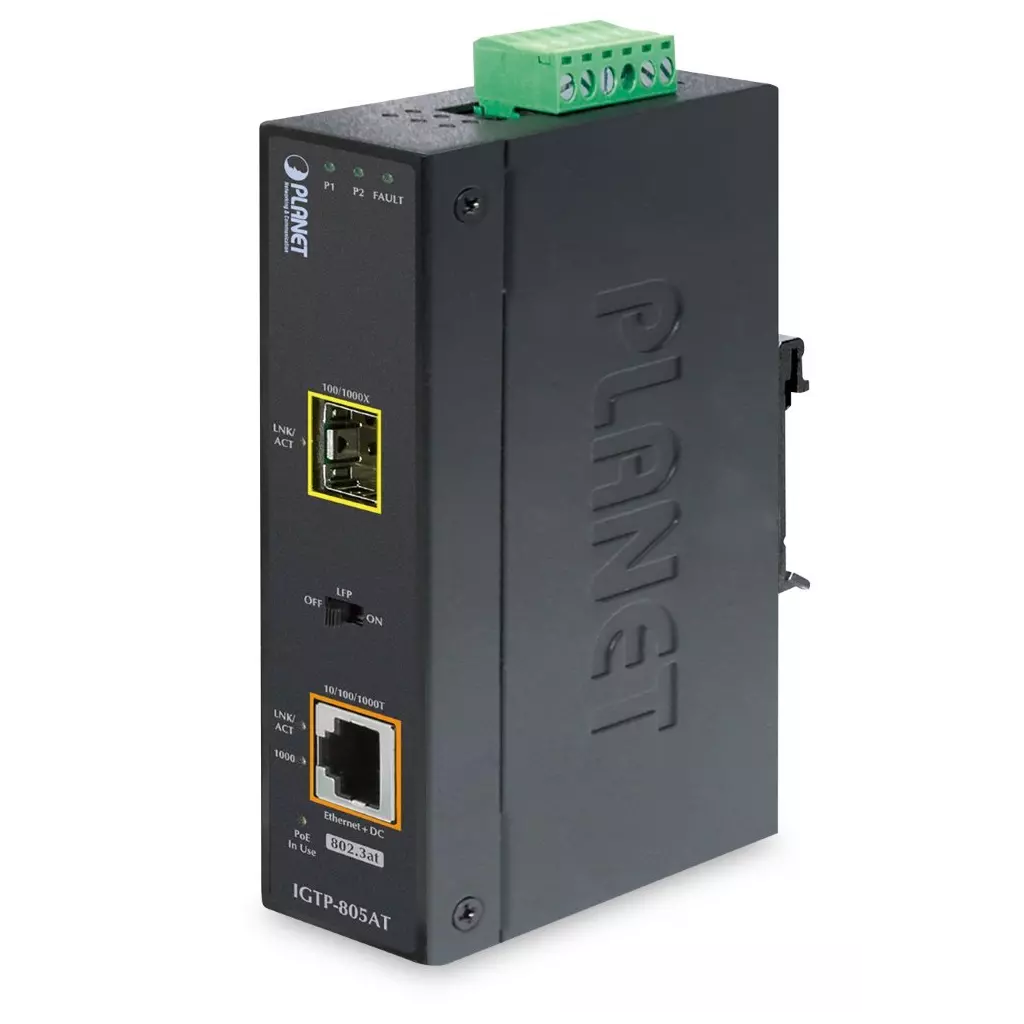 Obrázek produktu Planet IGTP-805AT Průmyslový konvertor 1x1Gb RJ45 / 1xSFP, PoE 802.3at, -40až75st, IP30, EFT+ESD, 12-48VDC, fanless