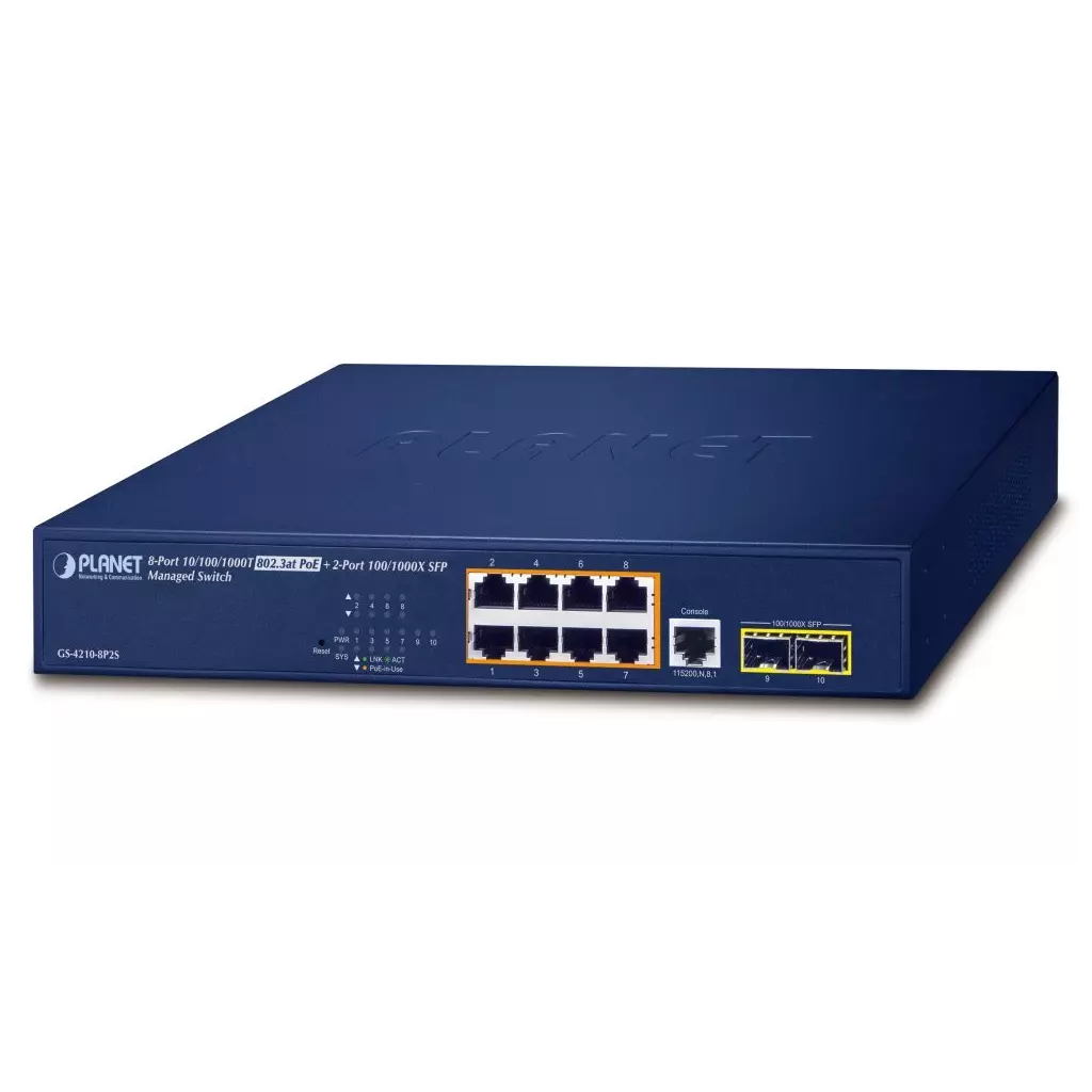 Obrázek produktu Planet GS-4210-8P2S L2 switch, 8x1Gb, 2x 1Gb SFP, 8x PoE 802.3at 120W, QoS