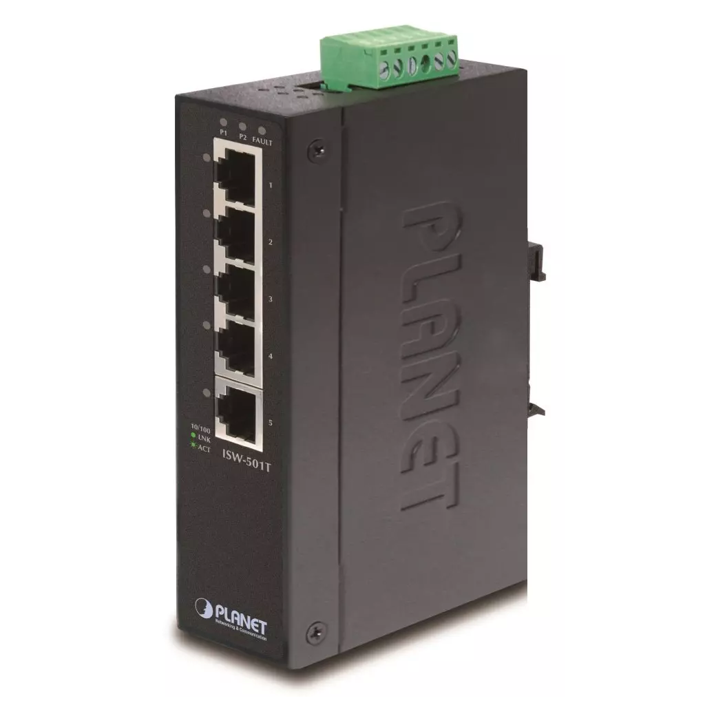 Obrázek produktu Planet ISW-501T Průmyslový Switch 5x 10/100M, -40~+75°C, TB napájení 12-48VDC, DIN, kovové šasi