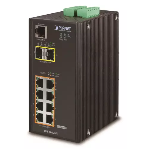 obrázek produktu Planet IGS-10020PT průmyslový L3 switch, 8x1Gb, 2x2.5Gb SFP, 8x PoE 802.3at 240W, 48-54VDC, -40~75°C, IP30