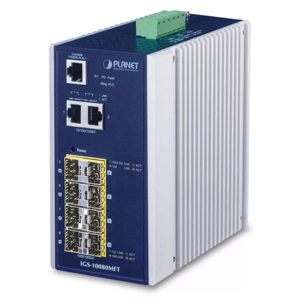 Obrázek produktu Planet IGS-10080MFT průmyslový L3 switch, 2x1Gb, 6x1Gb SFP, 2x2.5Gb SFP, 12-48VDC, -40~75°C, IP30