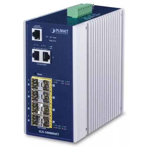 obrázek produktu Planet IGS-10080MFT průmyslový L3 switch, 2x1Gb, 6x1Gb SFP, 2x2.5Gb SFP, 12-48VDC, -40~75°C, IP30