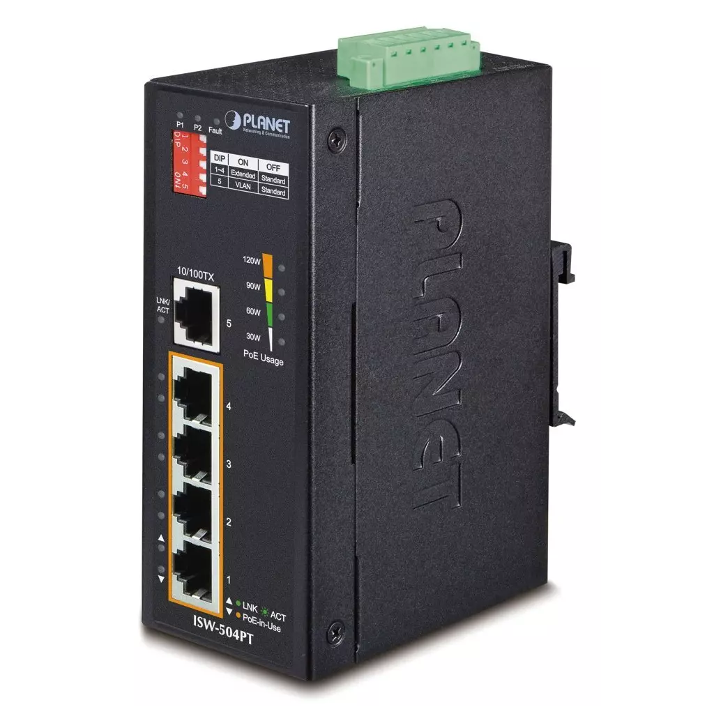 Obrázek produktu Planet ISW-504PT Průmyslový Switch 5x RJ-45, VLAN + Extend, -40~+75°C, PoE+ 802.3af/at 120W, 12-48VDC power-in