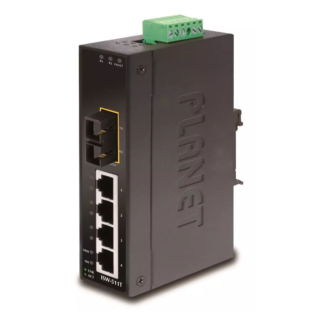 Obrázek produktu Planet ISW-511T Průmyslový Switch 4x 10/100M + 1x 100 MM SC, -40~+75°C, 48VDC, DIN