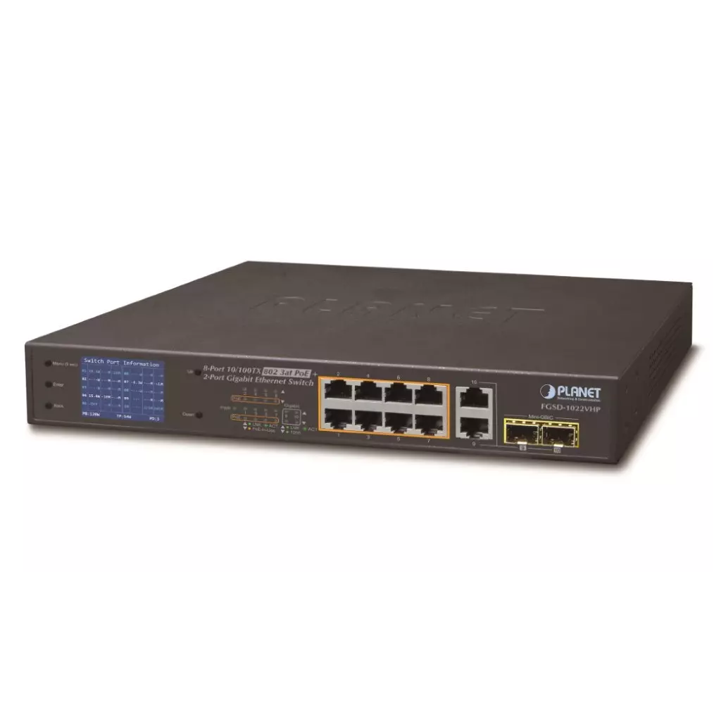 Obrázek produktu Planet FGSD-1022VHP PoE switch, 8x100, 2x1000-TP/SFP, LCD, VLAN, extend mód 10Mb do 250m, IEEE 802.3at<120W