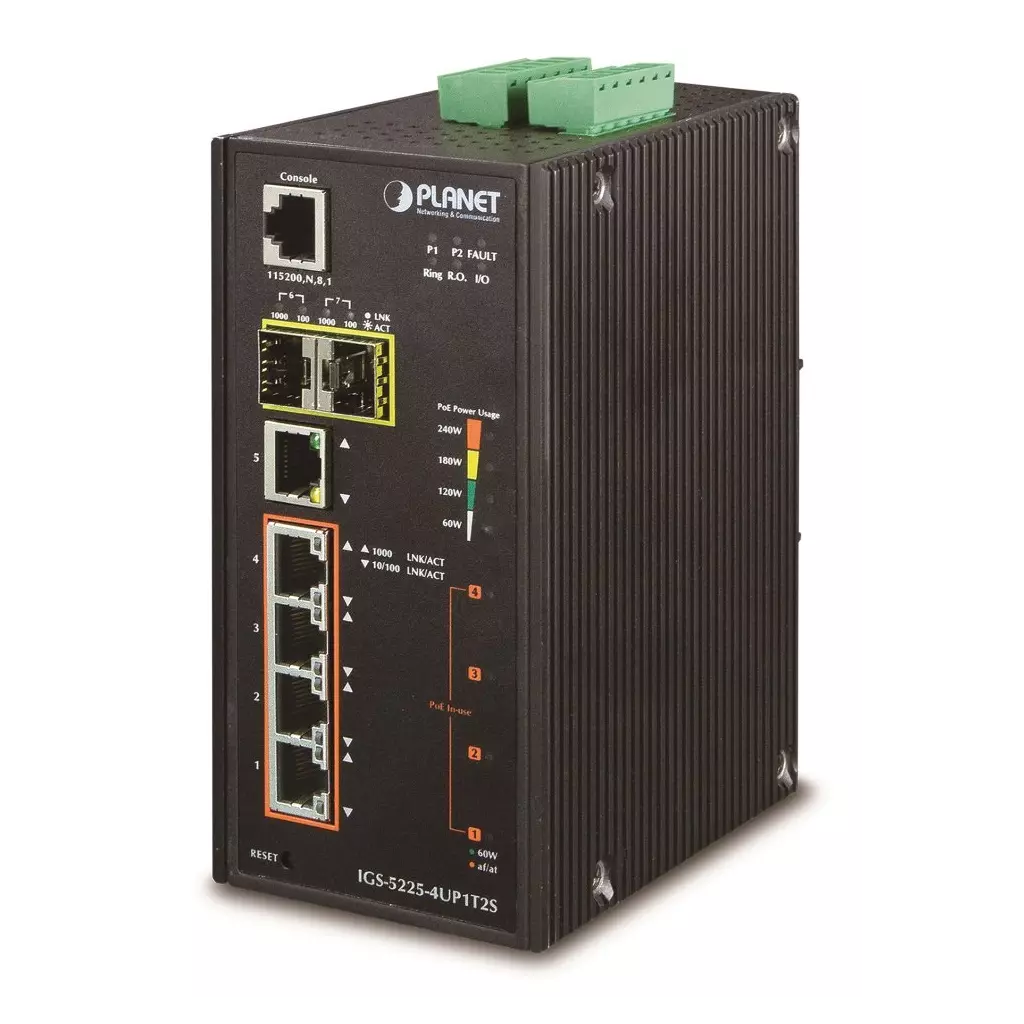 Obrázek produktu Planet IGS-5225-4UP1T2S průmyslový L3 switch, 5x1Gb, 2x2.5Gb SFP, 4x PoE 802.3bt 360W, dual 48-56VDC, -40~75°C, IP30