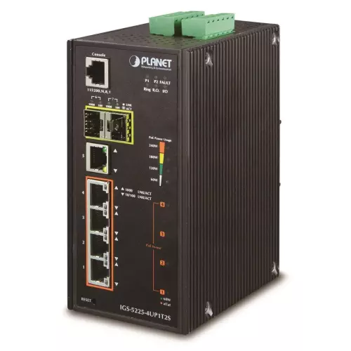 obrázek produktu Planet IGS-5225-4UP1T2S průmyslový L3 switch, 5x1Gb, 2x2.5Gb SFP, 4x PoE 802.3bt 360W, dual 48-56VDC, -40~75°C, IP30
