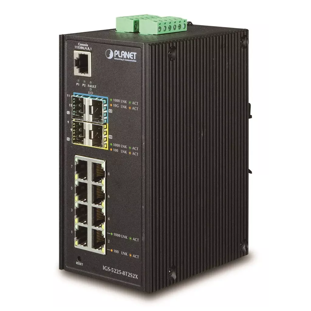 Obrázek produktu Planet IGS-5225-8T2S2X průmyslový switch, 8x1Gb, 2x1Gb SFP, 2x10Gb SFP+, dual 12-48VDC, -40~75°C, IP30