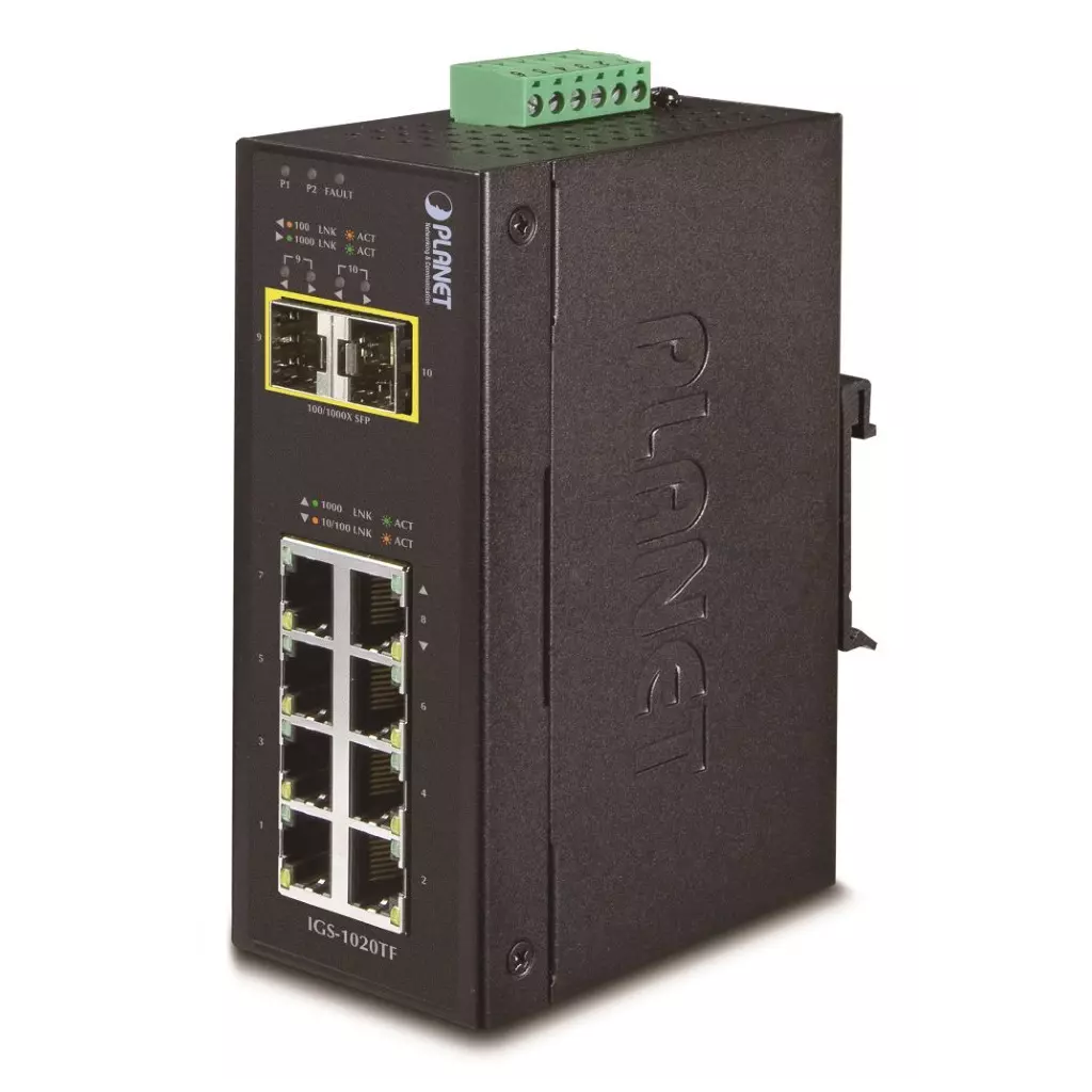 Obrázek produktu Planet IGS-1020TF Průmyslový Switch 8x 10/100/1000T, 2x 100/1000X SFP, -40~+75°C