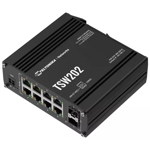 obrázek produktu Teltonika TSW202 průmyslový L2 manažovaný switch, 8x PoE+ 10/100/1000, 2x SFP, bez zdroje