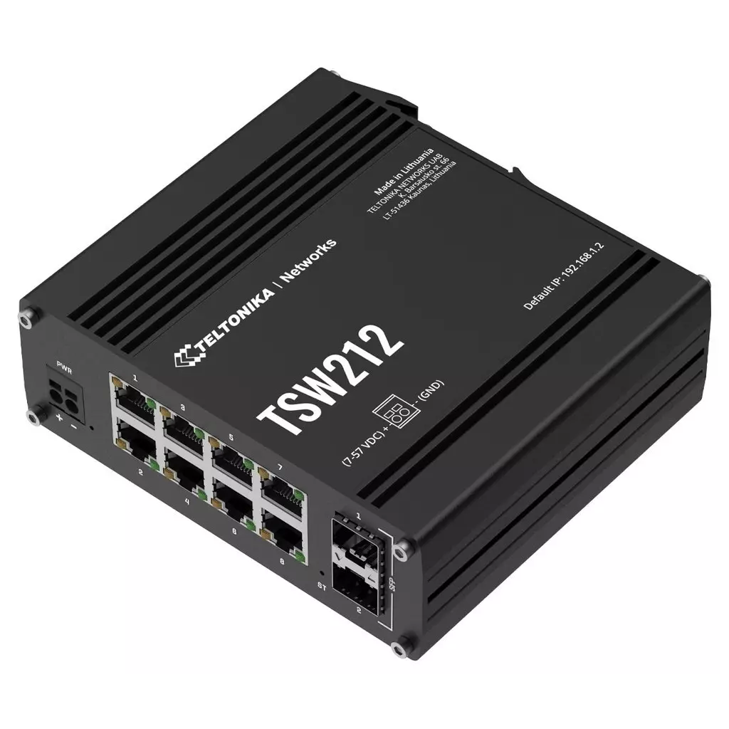Obrázek produktu Teltonika TSW212 průmyslový L2 manažovaný switch, 8x 10/100/1000, 2x SFP, bez zdroje