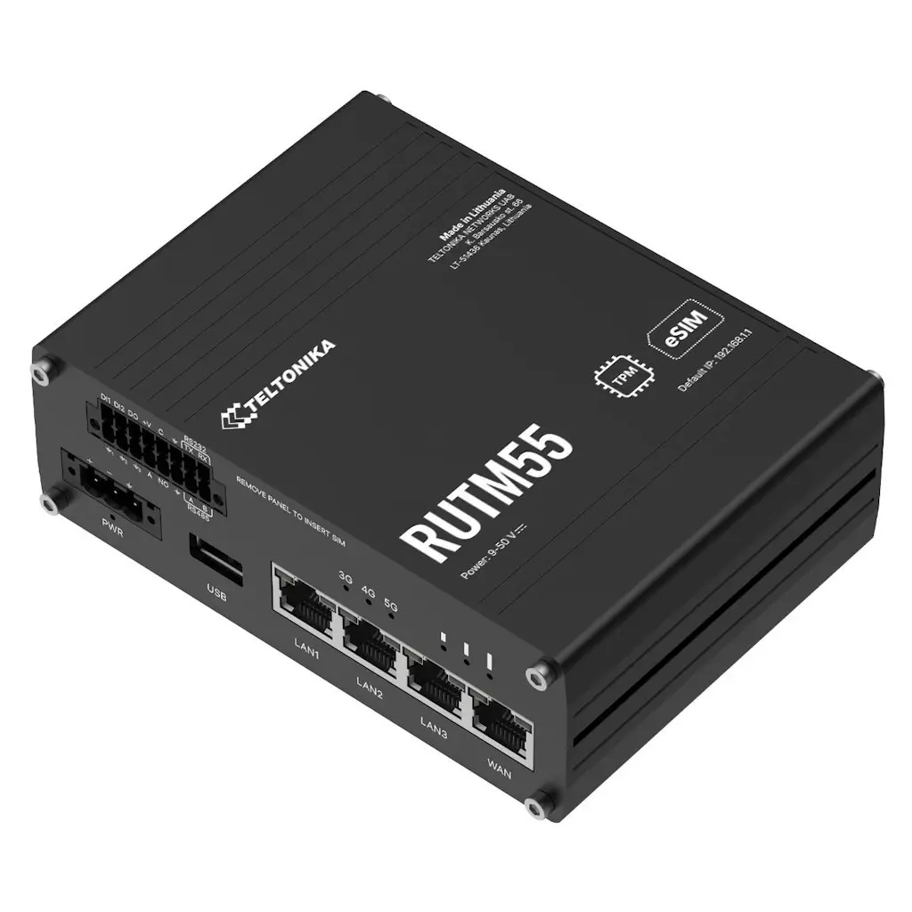 Obrázek produktu Teltonika RUTM55 průmyslový router, dual SIM + eSIM, 5G, 4x LAN, serial RS232/485, WiFi 5