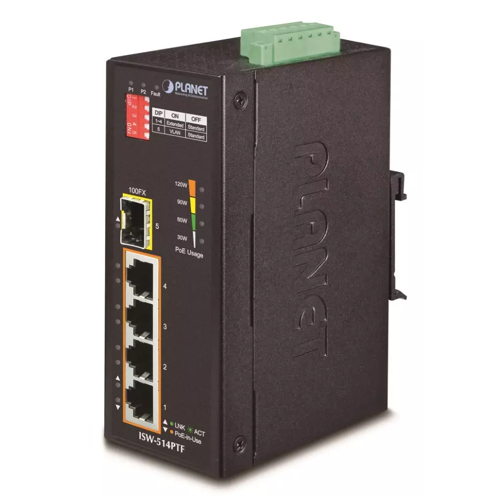 Obrázek produktu Planet ISW-514PTF, PoE switch 4x 10/100BaseTX+ 1x 100FX(SFP), 802.3at až 120W, DIN, IP40, -40~75 st.C, 12-48VDC