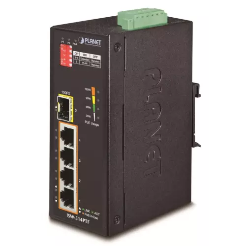 obrázek produktu Planet ISW-514PTF, PoE switch 4x 10/100BaseTX+ 1x 100FX(SFP), 802.3at až 120W, DIN, IP40, -40~75 st.C, 12-48VDC