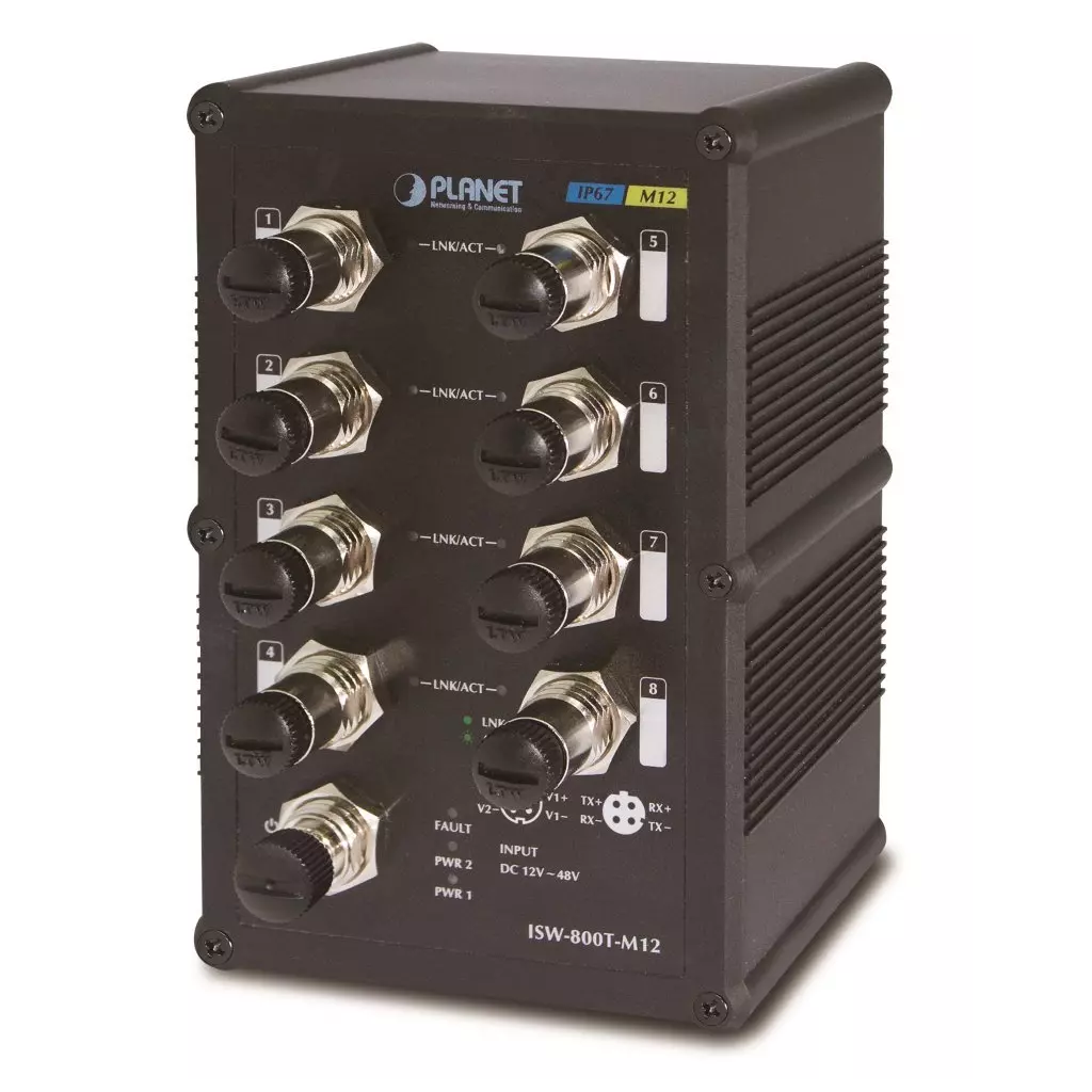 Obrázek produktu Planet ISW-800T-M12 vodotěsný průmyslový switch, 8x 10/100Mbps M12, ESD, DIN, IP67, -40~75°C, 12-48VDC