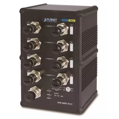 obrázek produktu Planet ISW-800T-M12 vodotěsný průmyslový switch, 8x 10/100Mbps M12, ESD, DIN, IP67, -40~75°C, 12-48VDC