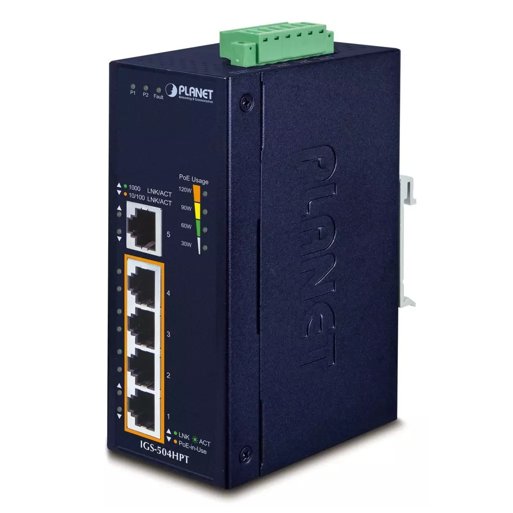 Obrázek produktu Planet Průmyslový PoE switch, 5x1Gb, 4x PoE 802.3at 36/120W, -40až75°C, dual 12-56VDC, IP40, fanless