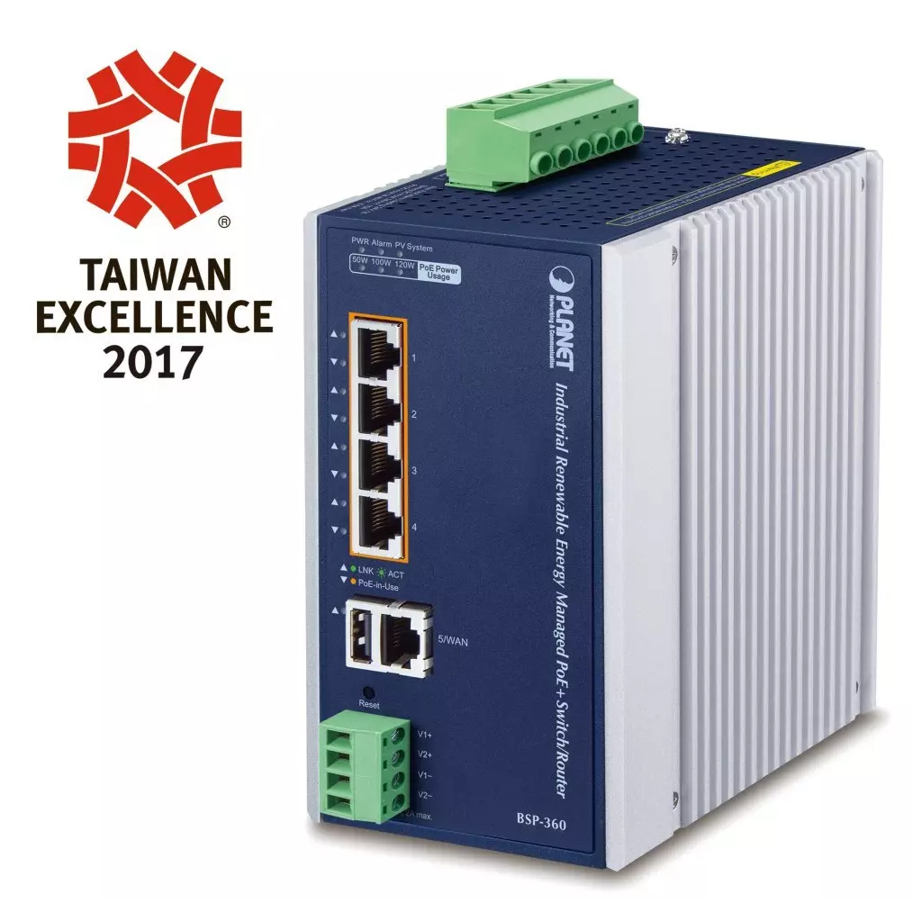 Obrázek produktu Planet BSP-360 v3 průmyslový solární switch/router, 5x1Gb, 4x PoE+ 802.3at 120W, baterie, 24-45VDC, -10~60°C, IP30