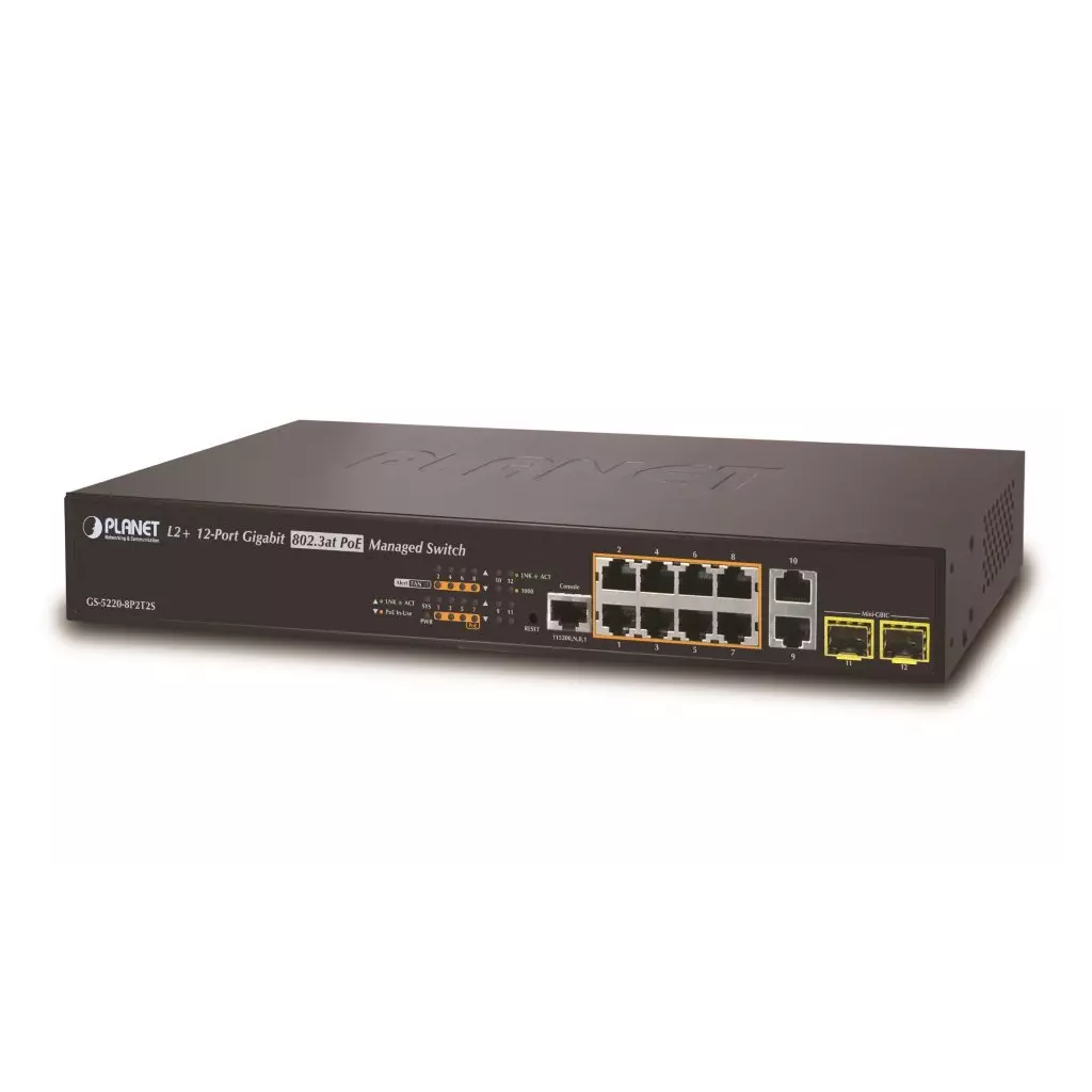 Obrázek produktu Planet GS-5220-8P2T2S L3 switch, 10x1Gb, 2x1Gb SFP, 8x PoE 802.3at 240W