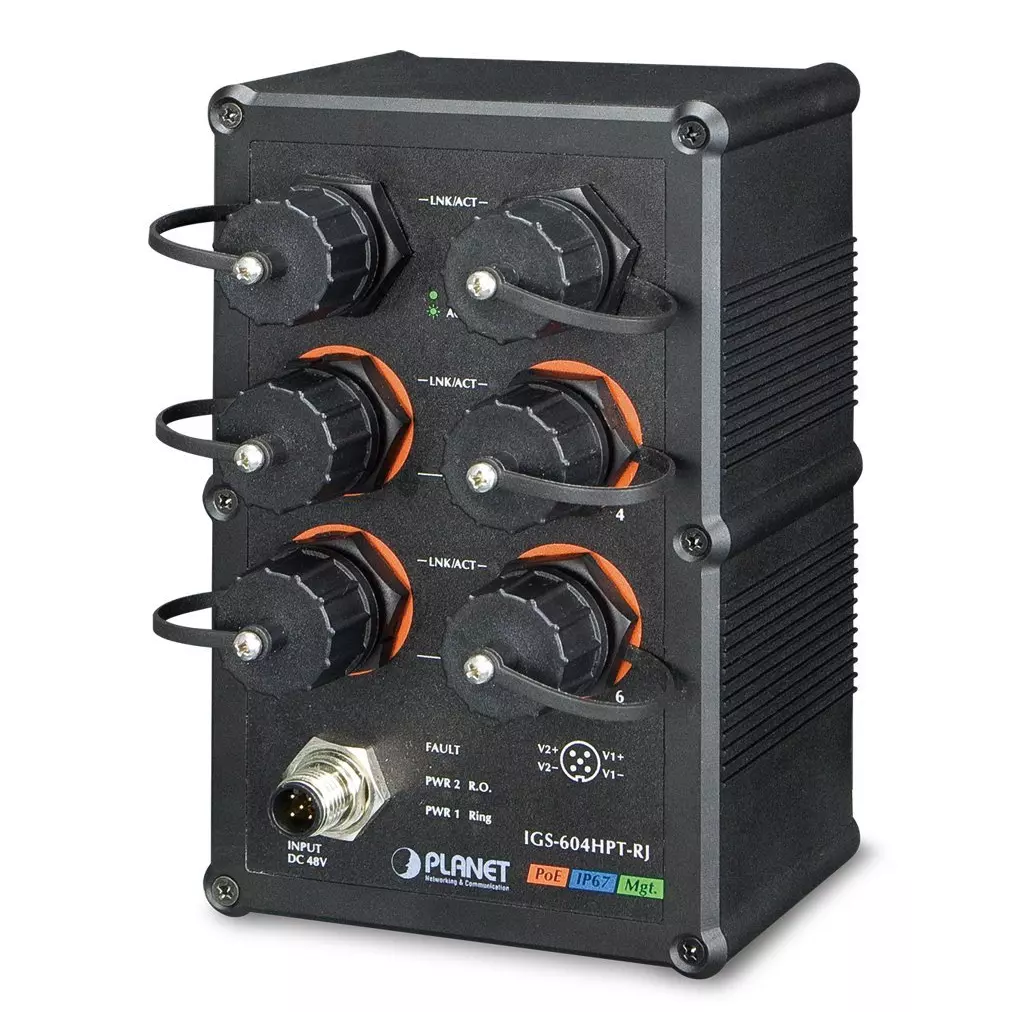 Obrázek produktu Planet IGS-604HPT-RJ vodotěsný průmyslový switch, 6x1Gb, 4x PoE 802.3at 140W, 48-56VDC, -40~75°C, IP67, EN50155