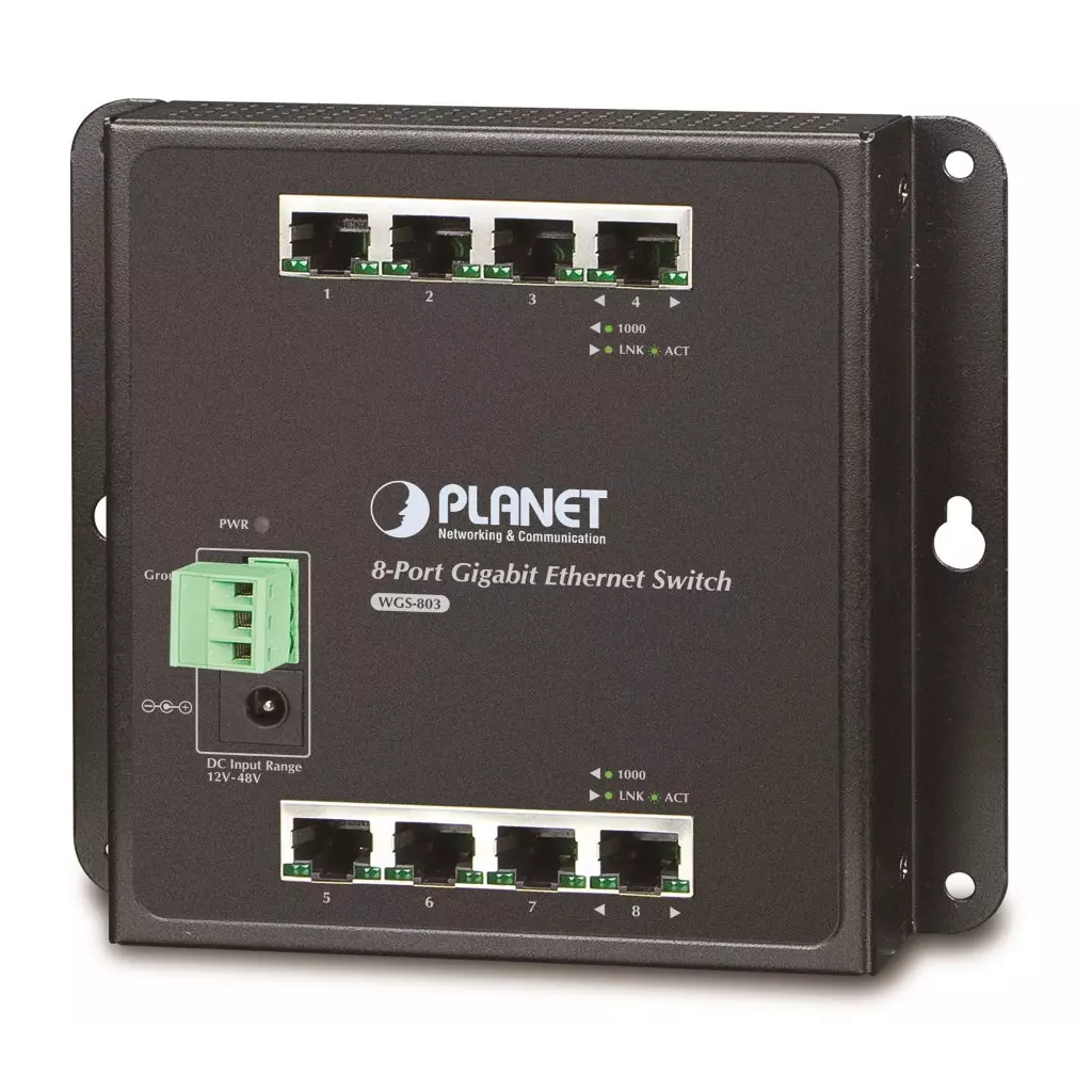 Obrázek produktu Planet průmyslový plochý switch 8x1Gb, 12-48VDC/24VAC, IP30, -10/60°C, fanless