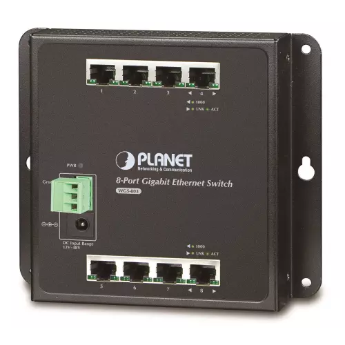 obrázek produktu Planet průmyslový plochý switch 8x1Gb, 12-48VDC/24VAC, IP30, -10/60°C, fanless