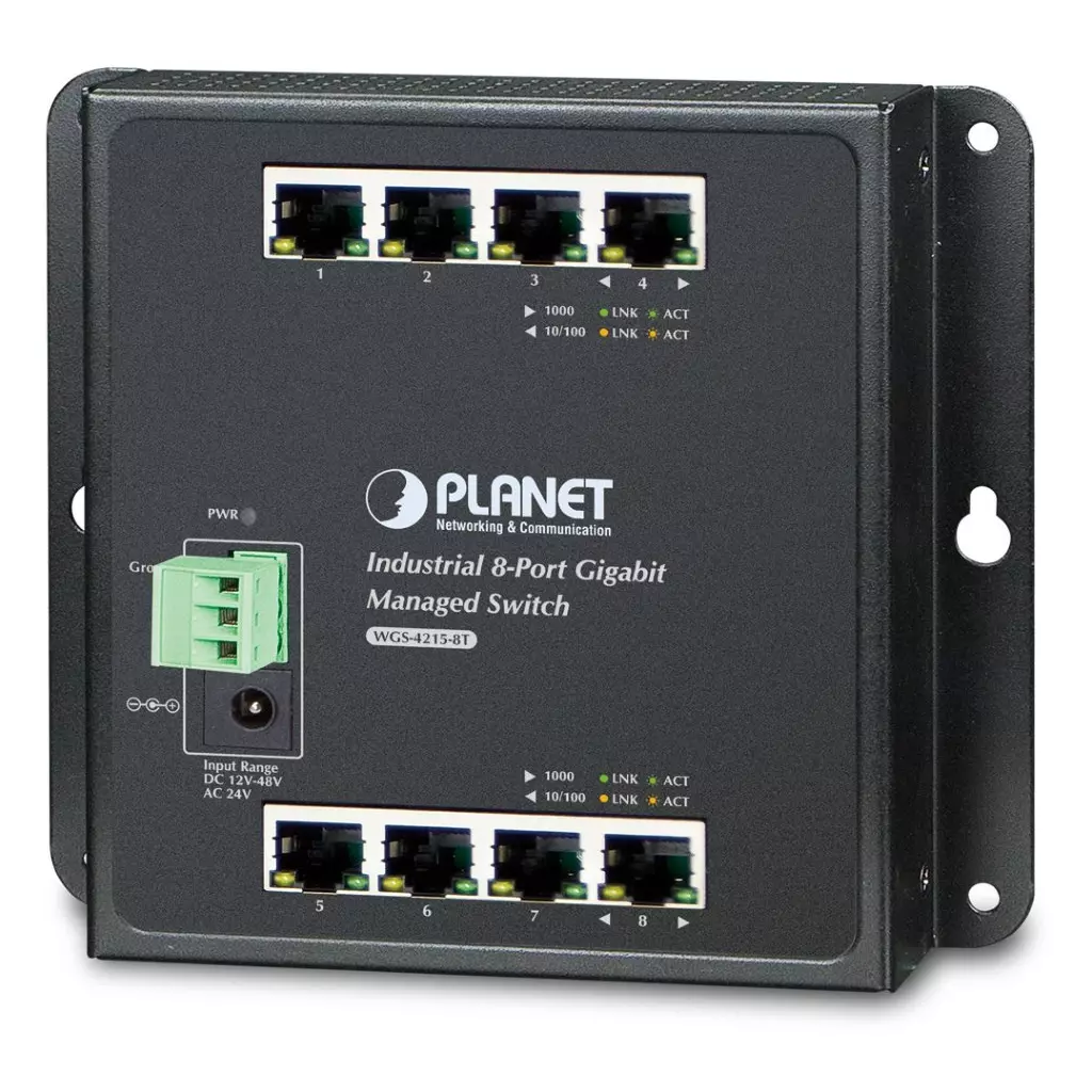 Obrázek produktu Planet WGS-4215-8T plochý L4 switch, 8x1Gb, 12-48VDC/24VAC, -40~75°C, IP30, fanless