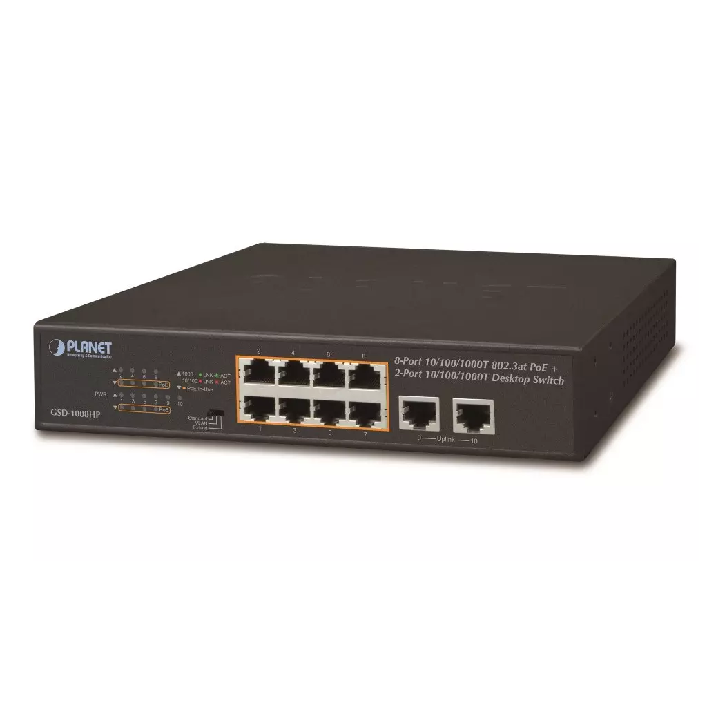 Obrázek produktu Planet GSD-1008HP, PoE switch 8x PoE 802.3at 120W+ 2x 1000Base-T, VLAN, extend mód 10Mb/s do 250m
