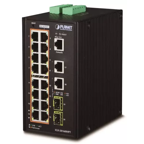 obrázek produktu Planet IGS-20160HPT L3 switch, 18x1Gb, 2x2.5Gb SFP, 16x PoE 802.3at 320W, dual 48-56VDC, -40~75°C, IP30